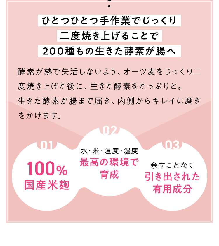 ひとつひとつ手作業でじっくり二度焼き上げることで200種もの生きた酵素が腸へ
